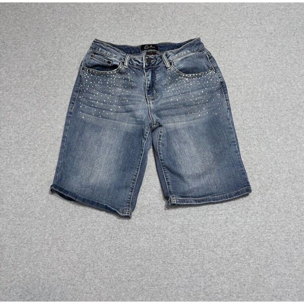 Earl‎ Jeans Shorts Womens 8 Bermuda 11" Inseam Mid Rise Faded Embellished Denim